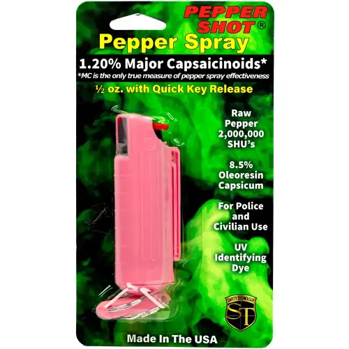 Pepper Shot 1.2% MC 1/2 oz pepper spray hard case belt clip and quick release keychain pink